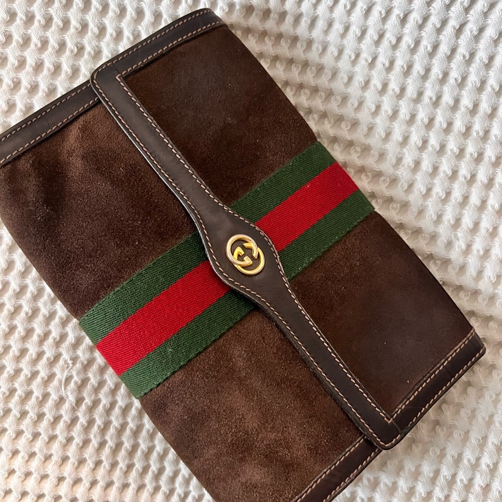 Vintage Gucci Brown Clutch Bag with Green and Red Stripe